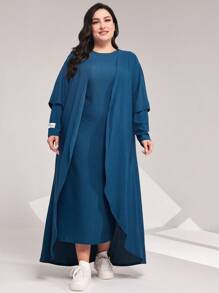Mulvari Plus Drop Shoulder Open Front Coat & Dress - Teal Blue - View 5