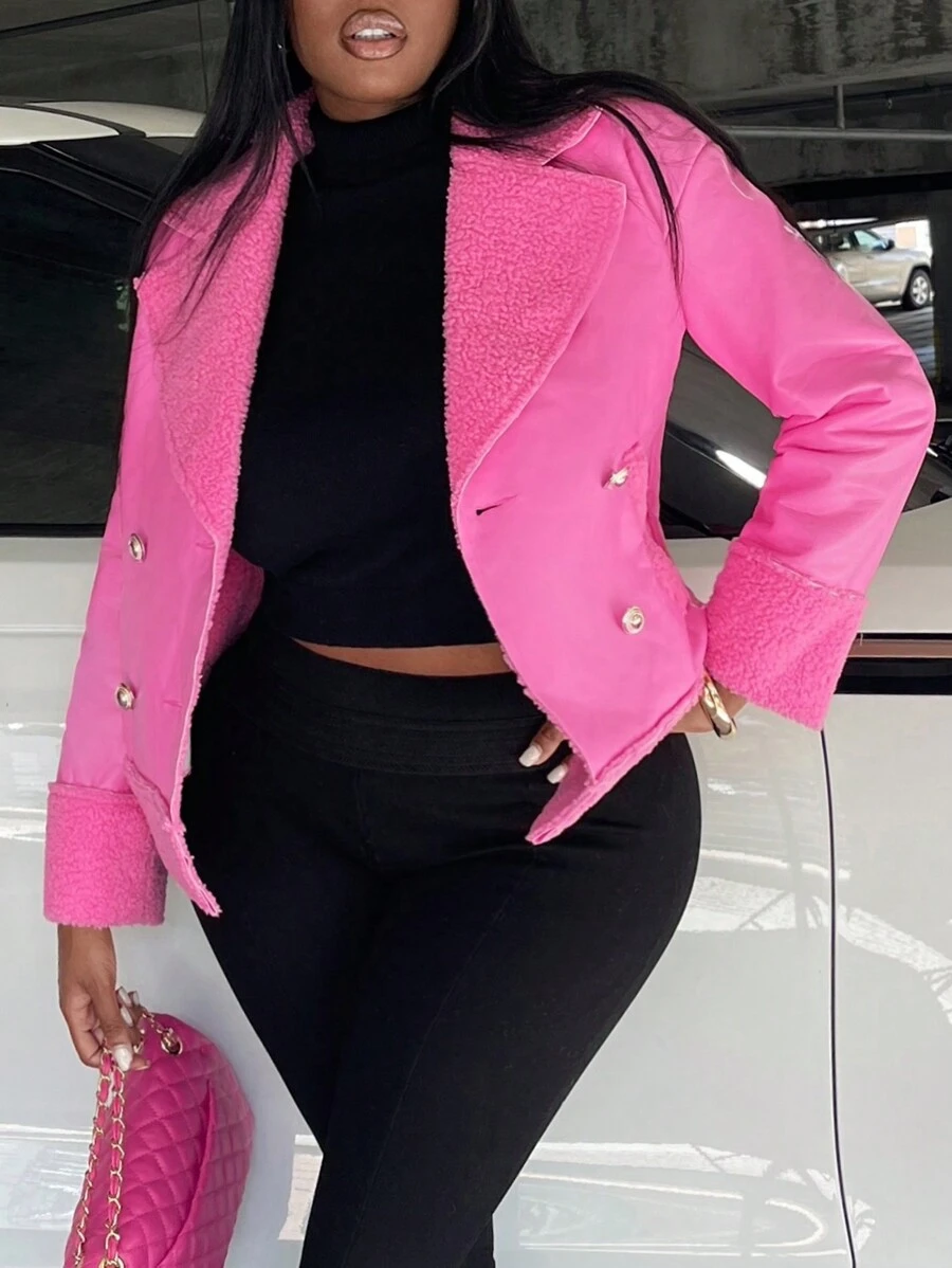 Slaydiva Double Breasted Teddy Lined Crop Jacket - Coral Pink - View 1