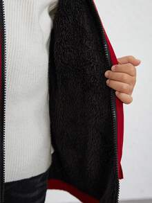 SHEIN 男小童卡通圖案3D耳朵設計加絨內裏連帽外套 - 紅色 - 查看 5