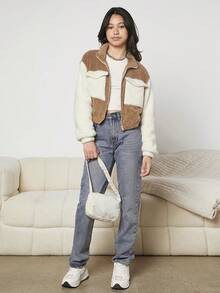 Thiếu niên cô gái Khối màu Túi có nắp Thả vai Áo Teddy Jackets - Nhiều màu - Xem 5