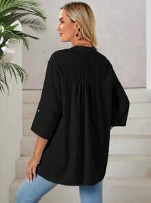 SHEIN Maternity Notched Neckline High Low Hem Blouse - Black - View 2