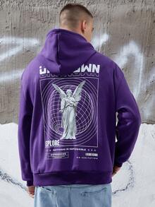 Manfinity EMRG Men's Oversize Hoodie With Slogan & Figure Graphic, Drop Shoulders - Purple - View 3