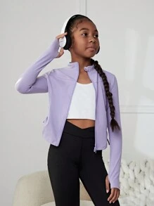 SHEIN 女大童拉鏈開襟拇指孔側抽繩運動夾克 - 淡紫色 - 查看 6