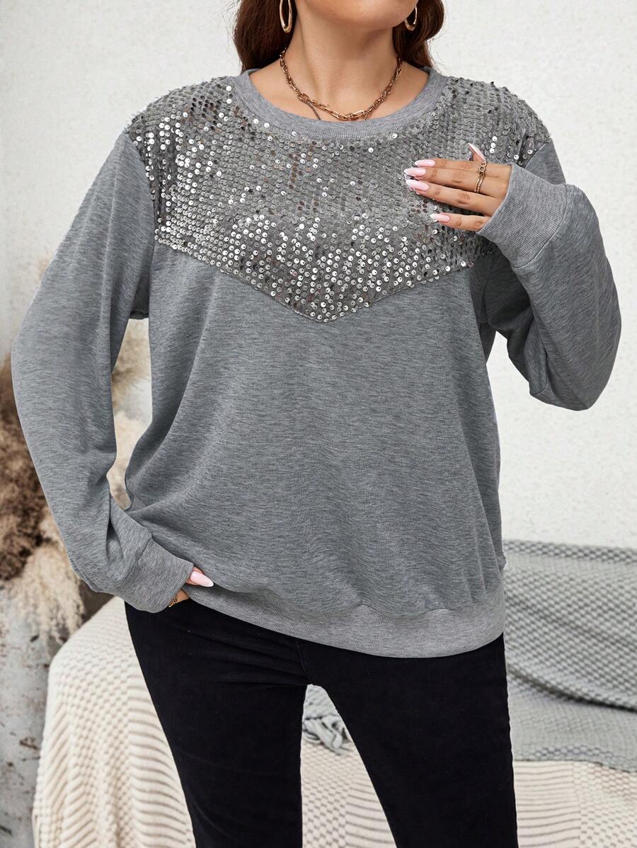SHEIN LUNE Plus Contrast Sequin Drop Shoulder Sweatshirt Pullover Fall Sweatshirt - Grey - View 1