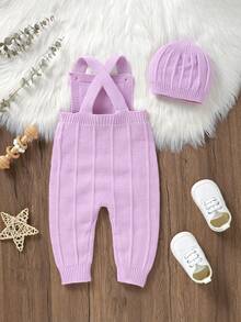 女嬰素色針織連身褲&帽不帶T恤 - 淡紫色 - 查看 2