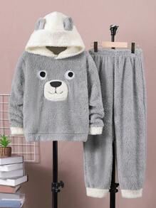SHEIN 男大童卡通刺繡3D耳朵設計連帽法蘭絨連帽衫和褲子睡衣套裝 - 淺灰色 - 查看 3