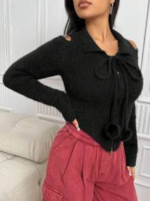 SHEIN Unity Cắt bỏ vai Cà vạt Viền không đối xứng Đan mềm mại Áo len Mở - màu đen - Xem 4