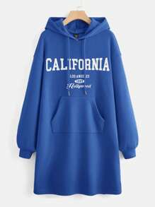 SHEIN EZwear 加大码字母图案袋鼠口袋落肩抽绳卫衣连衣裙 - 寶藍色 - 查看 1