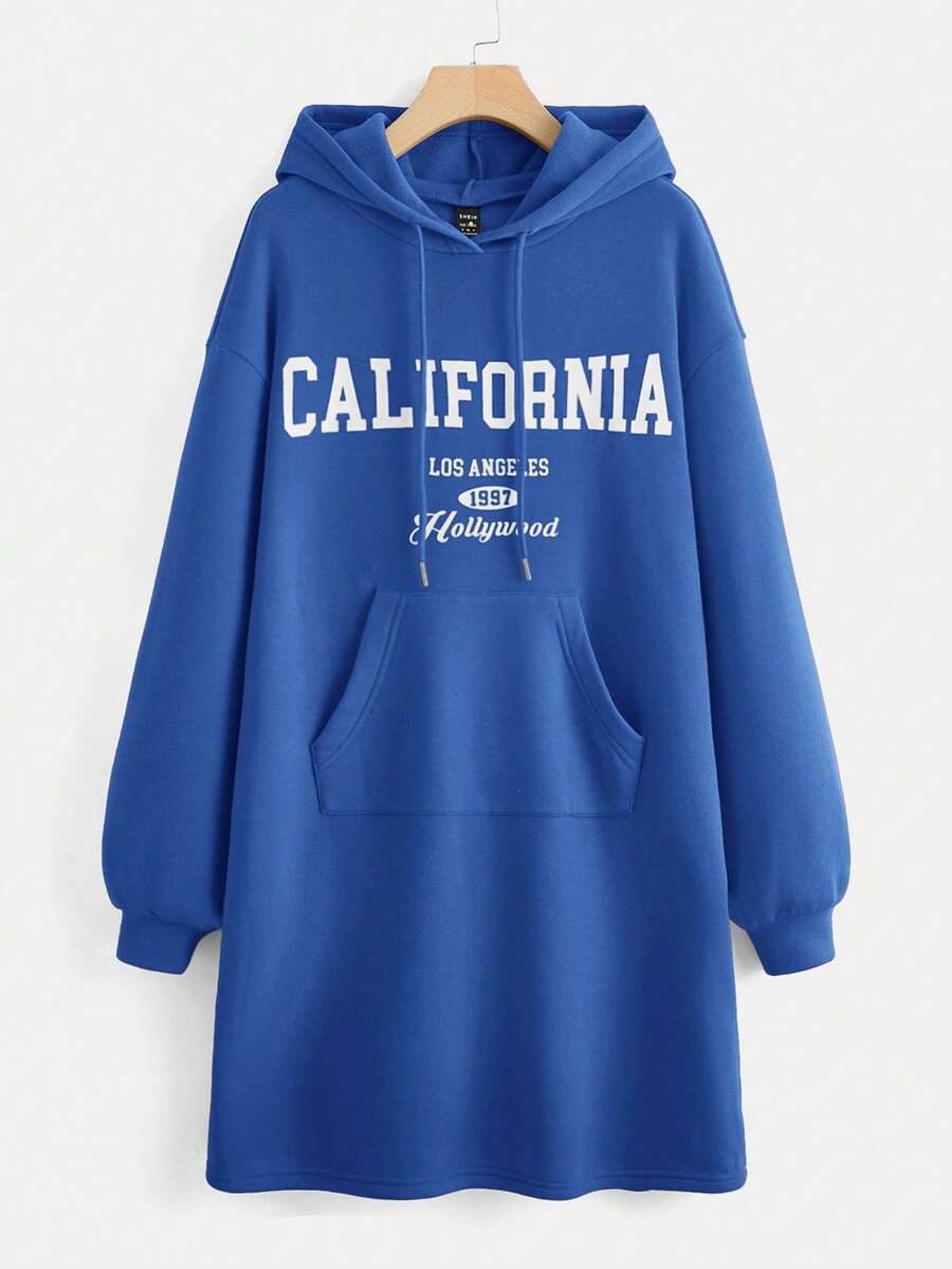 SHEIN EZwear 加大码字母图案袋鼠口袋落肩抽绳卫衣连衣裙 - 寶藍色 - 查看 1