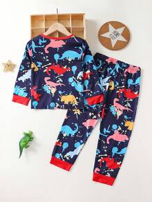 Young Boy Dinosaur Print Contrast Trim PJ Set - Royal Blue - View 2