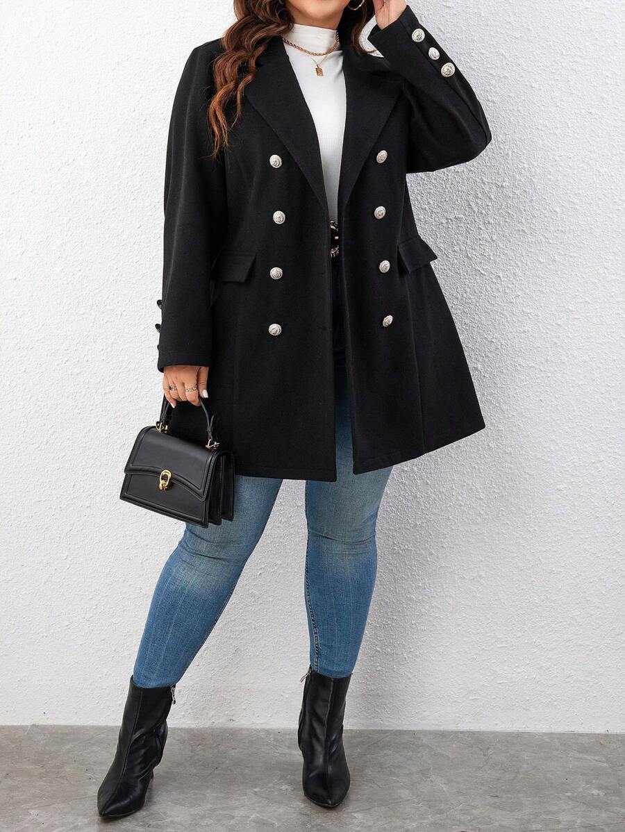 SHEIN Clasi 大碼雙排釦翻蓋細節花呢外套 - 黑色 - 查看 1