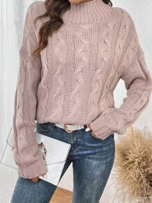 SHEIN LUNE Mock Neck Cable Knit Drop Shoulder Sweater