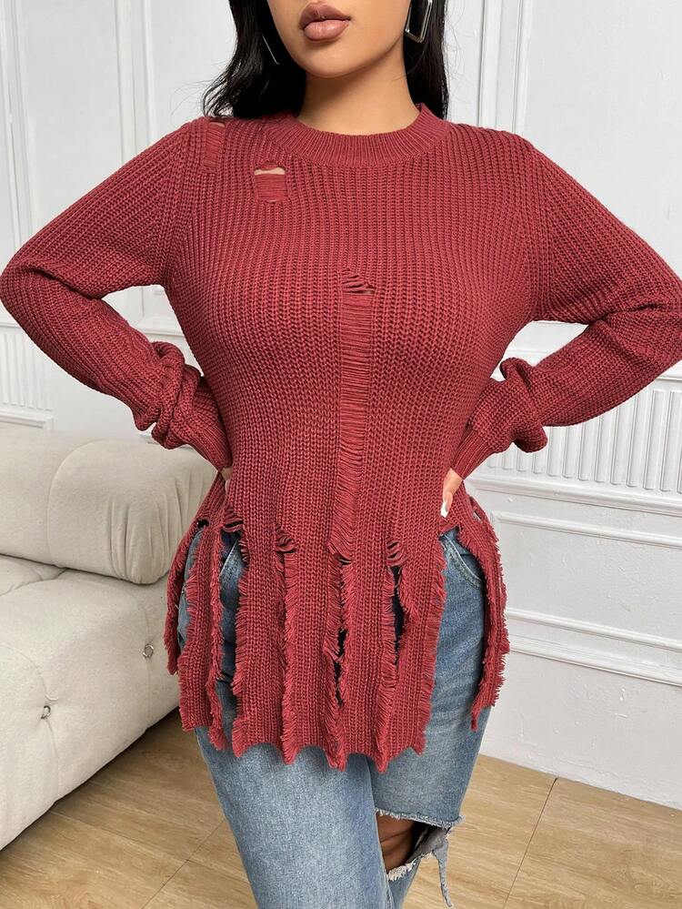 Ripped Fringe Hem Ribbed Knit Pullover Fall Winter Sweater