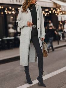 SHEIN Frenchy Drop Shoulder Hooded Longline Hooded Cardigan - Grey - View 5