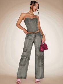 SHEIN BAE Solid Bustier Tube Denim Top - Army Green - View 5