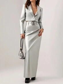 Mathilde Lhomme Designer Solid PU Leather Belted Maxi Elegant Skirt, For Summer, Holiday, Party, New Year Eve, Festival - Silver - View 4