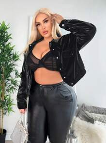 SHEIN SXY Plus Flap Detail Drop Shoulder Crop Jacket - Black - View 4