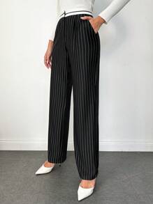 SHEIN Cottnline Striped Print Slant Pocket Straight Leg Suit Pants - Black - View 5