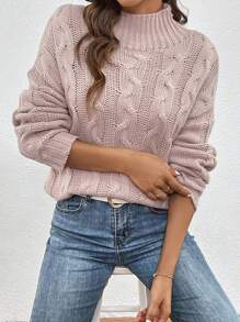SHEIN LUNE Mock Neck Cable Knit Drop Shoulder Sweater