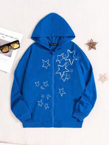 少女星形印花拉链卫衣 - 藍色 - 查看 1