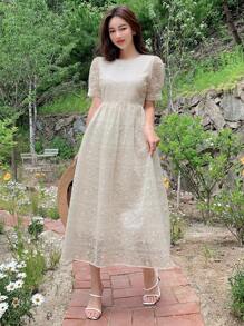 DAZY 素色泡泡袖蕾絲覆蓋連衣裙 - 米色 - 查看 7