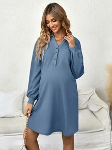 SHEIN 孕婦素色落肩袖哺乳洋裝 - 藍色 - 查看 3