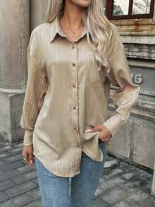 SHEIN Essnce Drop Shoulder Button Front Shirt - Apricot - View 5