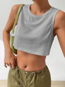 SHEIN EZwear Solid Crop Tank Top - Grey - View 1