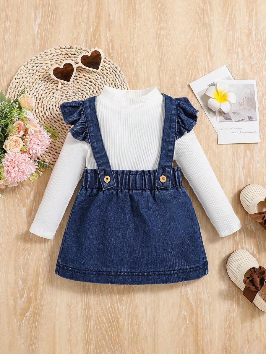 SHEIN Baby Girl Ruffle Trim Overall Dress Without Tee - Dark Wash - View 1