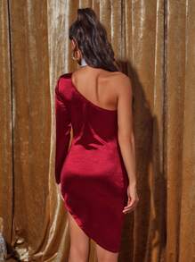Allurite One Shoulder Asymmetrical Hem Satin Bodycon Dress - Burgundy - View 2