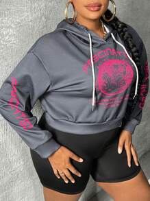 Slaydiva Plus Slogan Graphic Drop Shoulder Drawstring Hoodie - Dark Grey - View 5