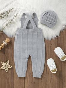 Baby Girl Solid Knit Jumpsuit & Hat Without Tee - Light Grey - View 2