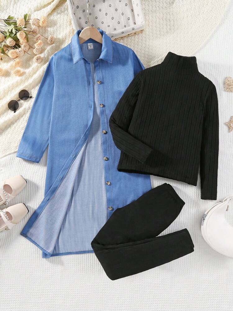 Tween Girl 3pcs/Set Long Coat, Turtleneck Top And Pants, For Autumn