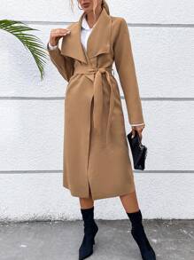 Chiquease Cổ áo thác nước Mở Mặt trước Áo khoác - Lạc đà - Xem 4