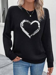 SHEIN LUNE 愛心圖案落肩袖套頭毛衣 - 黑色 - 查看 1