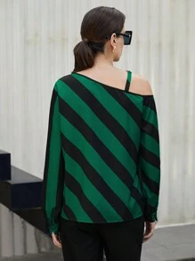 BizChic 条纹印花不对称颈部链条细节衬衫长袖图案衬衫 - 彩色 - 查看 2