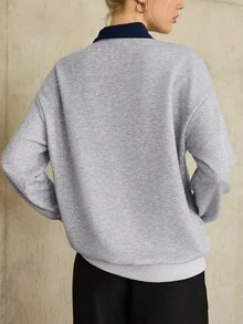 SHEIN Essnce 拼接領落肩袖運動衫 - 灰色 - 查看 2