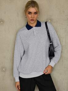 SHEIN Essnce 拼接領落肩袖運動衫 - 灰色 - 查看 4