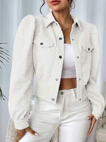 SHEIN Privé 翻蓋細節泡泡袖短夾克 - 白色 - 查看 3