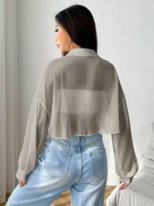 Muchica 素色落肩袖前紐扣襯衫 - 灰色 - 查看 2