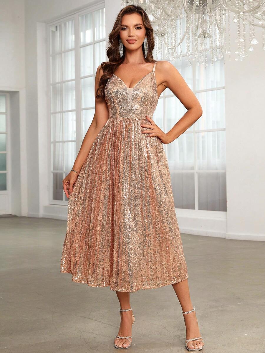 SHEIN Belle Mesh Insert Pleated Hem Sequin Cami Dress - Champagne - View 1