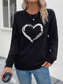 SHEIN LUNE 愛心圖案落肩袖套頭毛衣 - 黑色 - 查看 3
