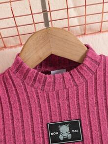 SHEIN 年輕女孩字母拼貼細節小高領高低下擺 T 恤和背心連身裙 - 玫紅色 - 查看 3