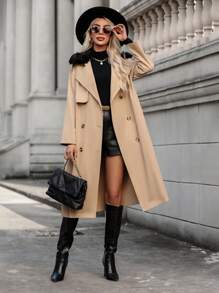 SHEIN Unity Borg Collar Double Breasted Belted Trench Coat - Khaki - View 1