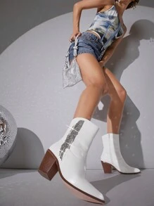 SHUZIA 水鑽裝飾側拉鍊粗跟靴子 - 白色 - 查看 3