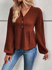 SHEIN Essnce 半排扣落肩袖荷葉邊下擺T恤 - 紅木色 - 查看 4