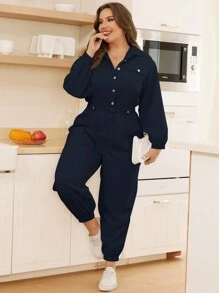 SHEIN Essnce Plus Flap Detail Elastic Waist Shirt Jumpsuit - Navy Blue - View 6