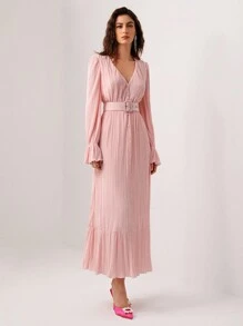 Mathilde Lhomme Vestido elegante con mangas de volantes y bajo con volantes, cinturón, para vacaciones - Rosa Pálido - Ver 6