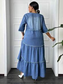 SHEIN SXY 大碼毛邊多層荷葉邊娃娃牛仔洋裝 - 中等水洗藍 - 查看 2