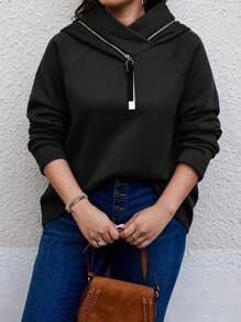 Calvaya 大码女式纯色插肩袖长袖连帽休闲保暖运动衫，秋冬 - 黑色 - 查看 4